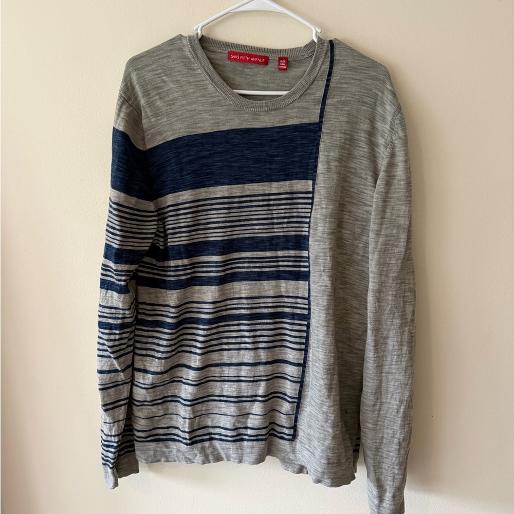 Saks Fifth Avenue Gray and Navy Striped Crewneck Sweater